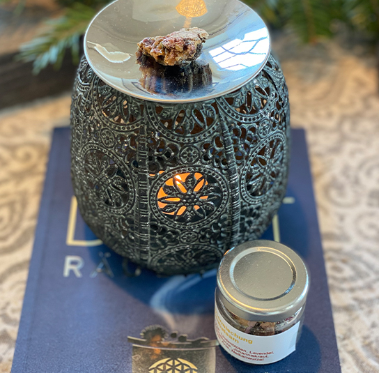 Räucherstövchen Exclusiv klein mit Edelstahlplatte, Duft-Räucher Buch, Räuchermischung gegen Stress – Nordischer Garten Shop