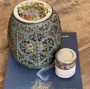 Räucherstövchen Exclusiv klein mit Edelstahlsieb, Duft-Räucher Buch, Räuchermischung Seelenbalsam