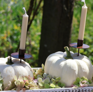 DIY Set - Herbstdeko - Tablett antique weiß länglich inkl. 3x Kürbis, Spieße & Kerzen – Bild 2