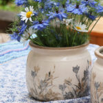Übertopf, Topf Tuva blau/beige mit Blumenmuster bauchig
